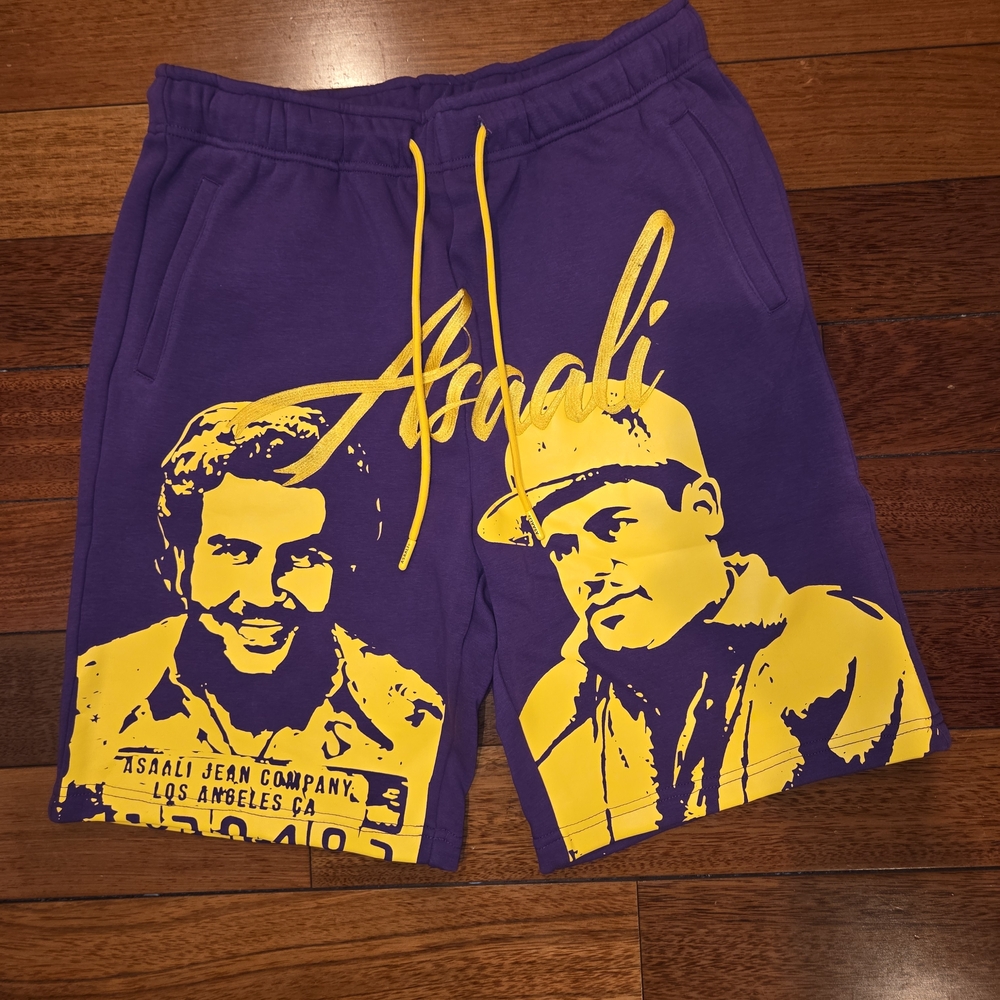 BNWT Asaali Cartel Sweat Shorts in purple and yellow- Mens Small OS